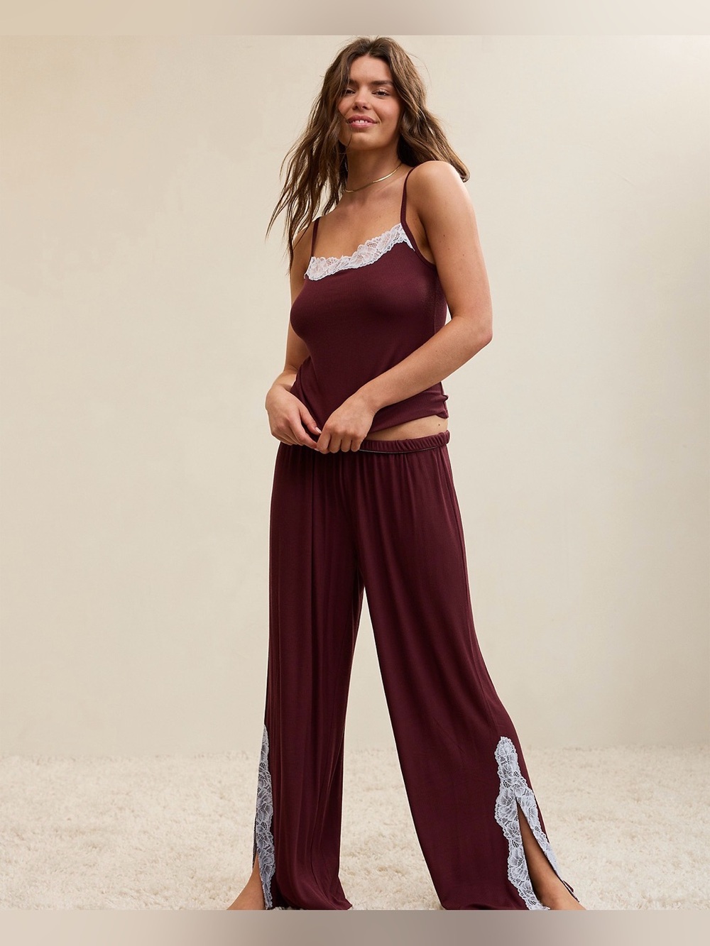 NWT OVERSLEPT by Aerie Real Soft Ribbed Trouser PJ | Royal Berry | S or M